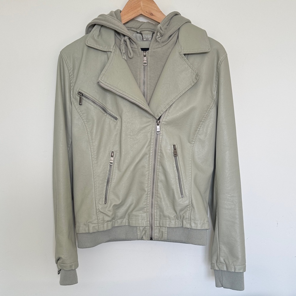 Never Worn Women's Hooded Faux Leather Biker Jacket in Light Sage